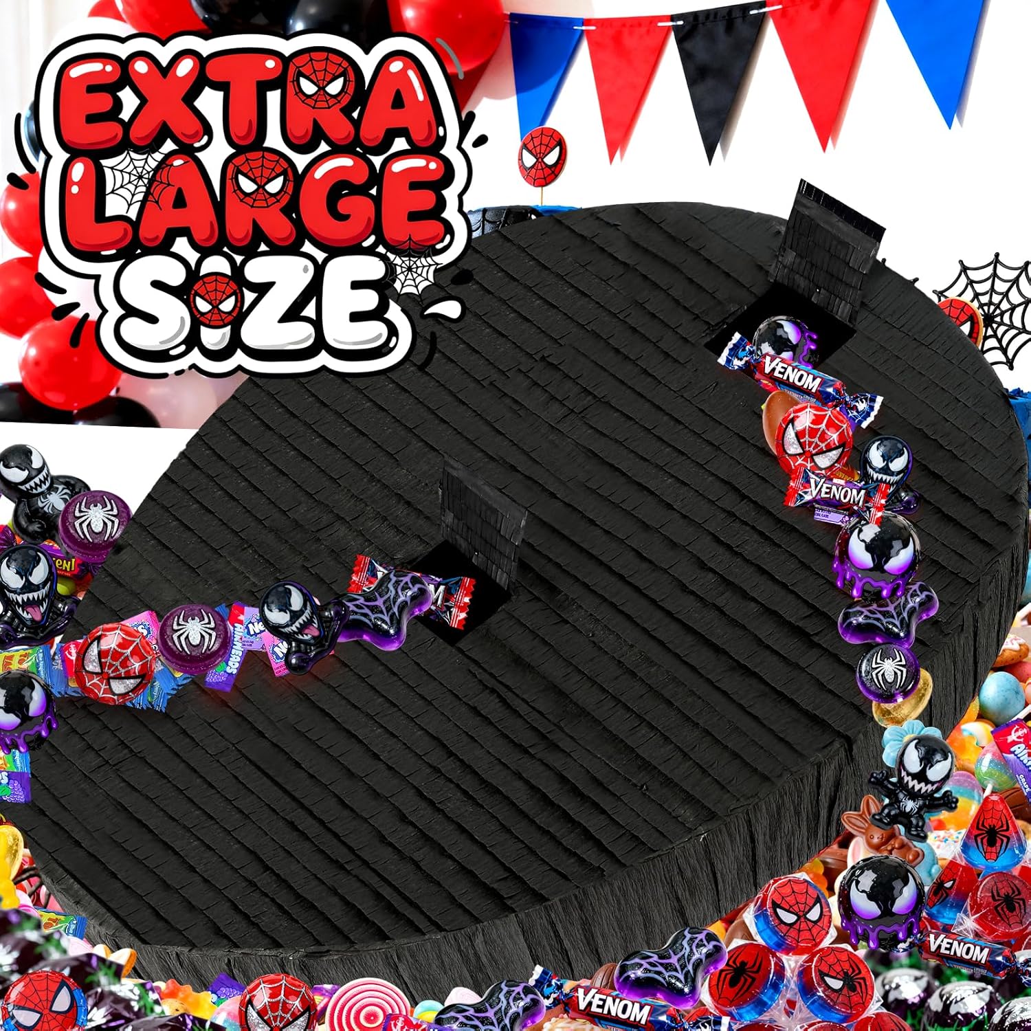 Spider Piñata, Funny Venom Tongue Shape Pinata for Boy's Birthday Celebration Decoration Supplies, Includes 24" Bat Stick, Eye Mask, Rope