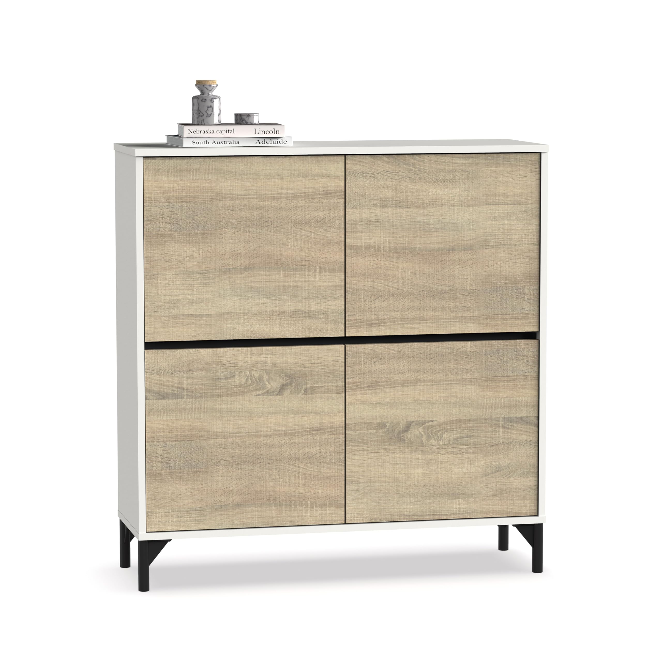 MUEBLES PITARCH | Recibidor Zapatero Mueble Auxiliar para Entrada con Patas, 4 Puertas, Blanco y Roble Cambrian, 20 Pares de Zapatos, Tallas Grandes, 101x96,5x33cm, Moderno, Industrial, Modelo Kioto