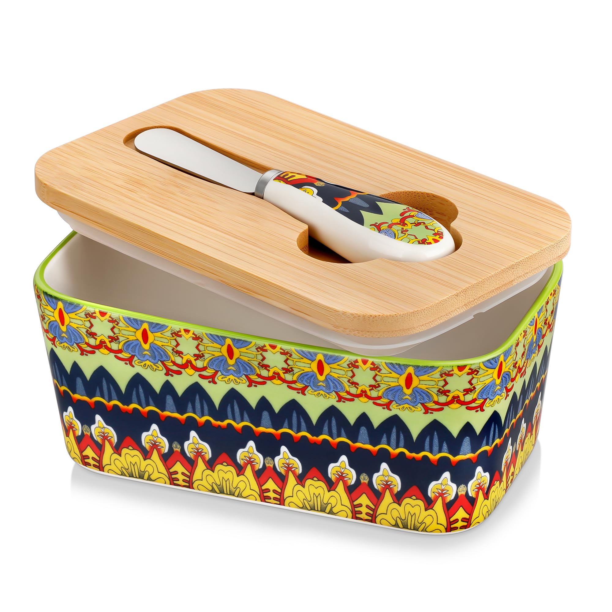 vancasso KRVI Butter Dish with Lid, 480ml Large Butter Dish for Countertop, Bohemian Porcelain Butter Keeper with Knife and Bamboo Lid, Sealant Butter Container Fits Most Butter Sizes, Gypsy Meadow