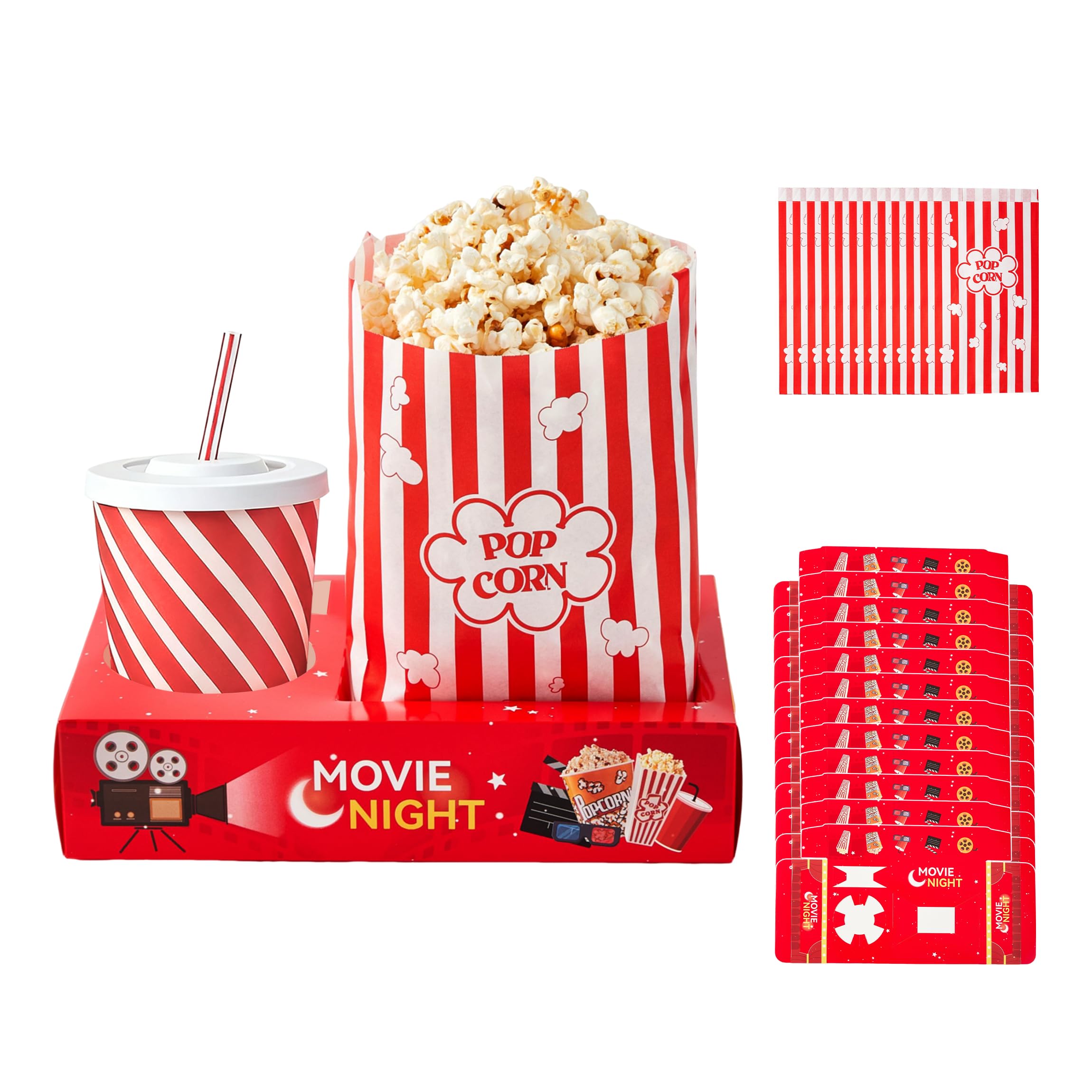 RAYMEA 24Pcs Movie Night Supplies Disposable Paper Movie Snack Trays (12ct) and Retro Style Large Capacity Popcorn Bags(12ct), Drink & Candy Snack