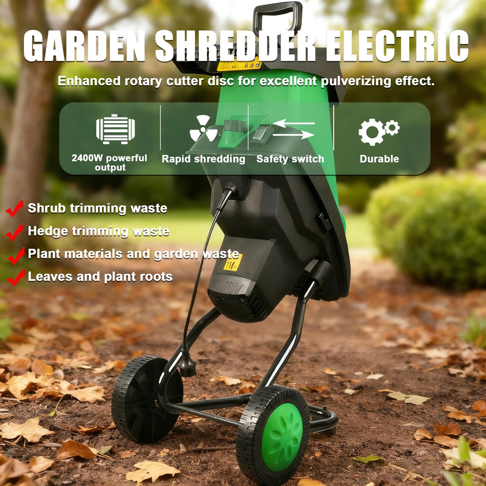 Trituradora De Jardín Eléctrica De 2400 W, con Bolsa Desmontable De 50 L Y 2 Juegos De Cuchillas De Acero Al Manganeso. Tritura hasta 4 Cm De Diámetro Y 4500 RPM