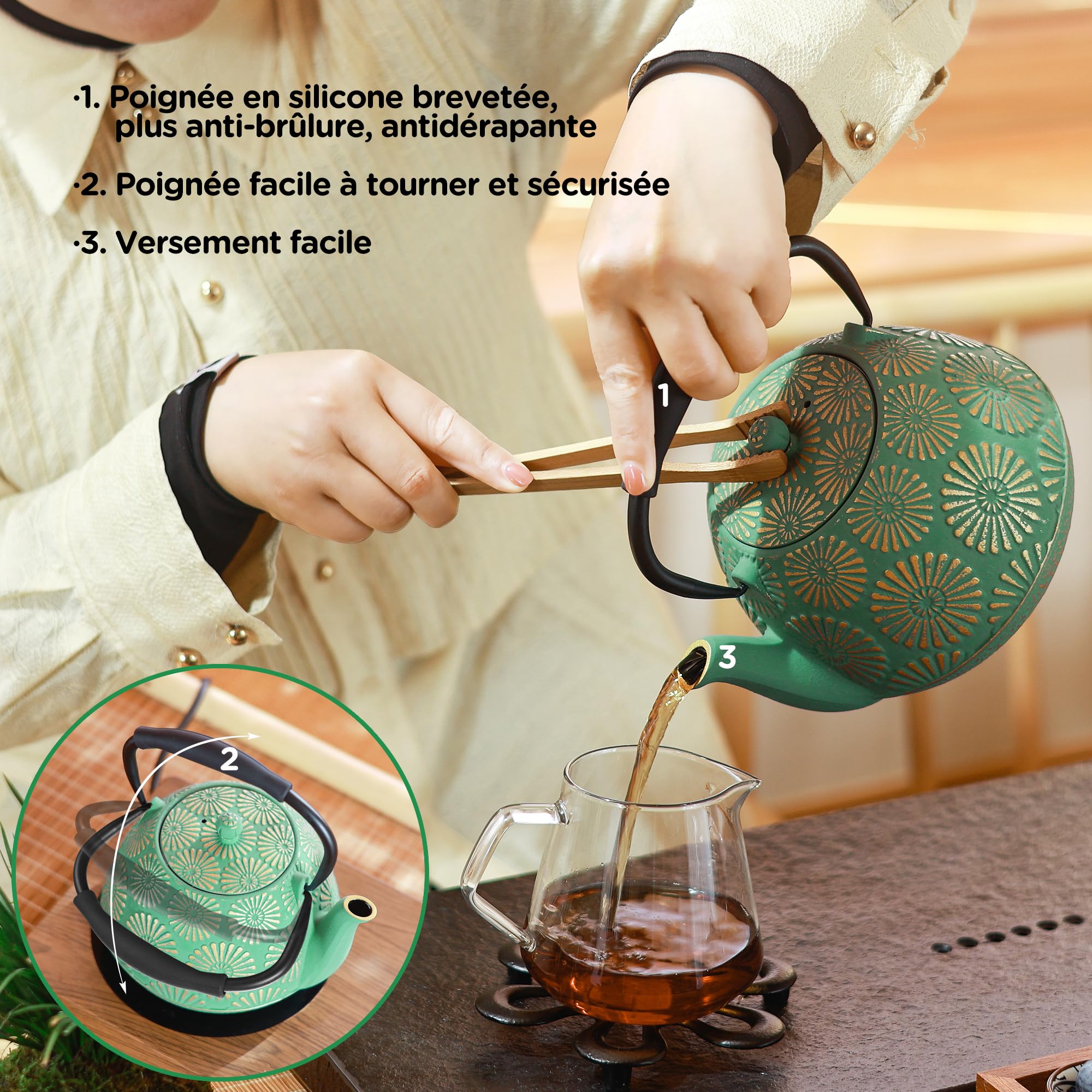 Théière en fonte, Grande capacité de 1200 ml avec infuseur pour cuisinière, Design Sakura japonais pour thé en feuilles avec intérieur émaillé, Poignée en silicone 40 oz Violet