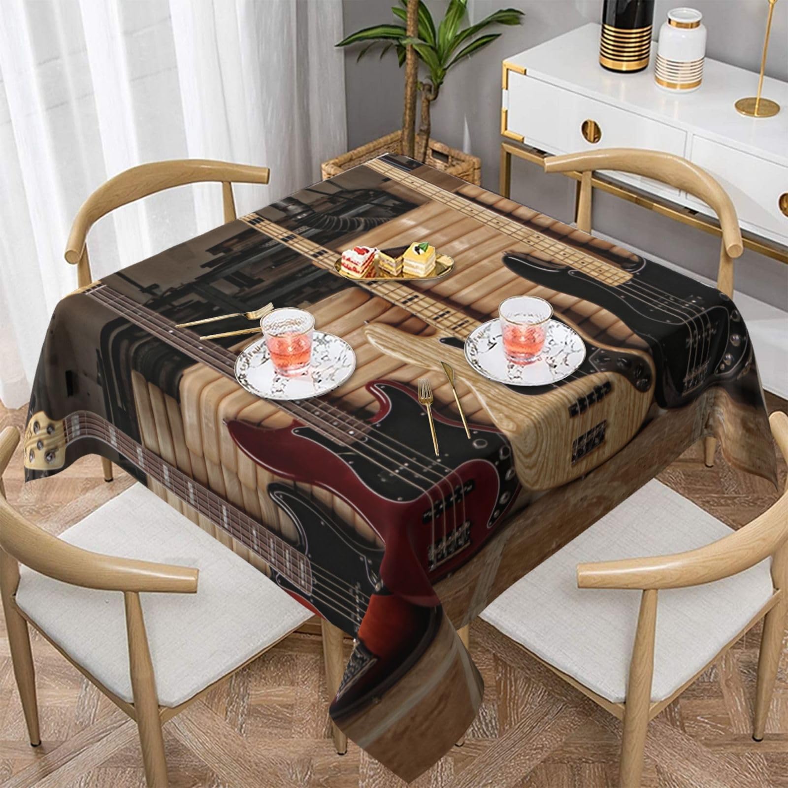 DCEHGEW Guitar Bass Music Musical Instruments Prints Square Tablecloth 152x152 CM, Waterproof Fabric Table Cloth for Dining Table, Farmhouse Table Cover for Kitchen Dining Tabletop Decoration