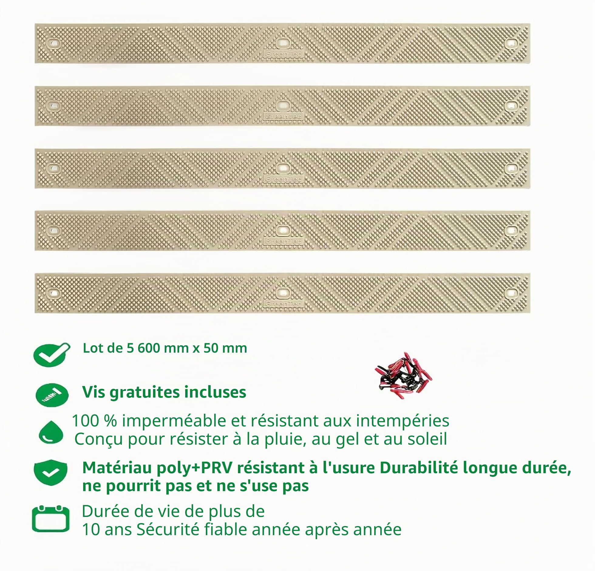 Lot de 5 bandes antidérapantes pour terrasse de 600 mm | Durée de vie de plus de 10 ans | Polypropylène résistant avec fixations | Sécurité extérieure pour les marches et les rampes (Beige)