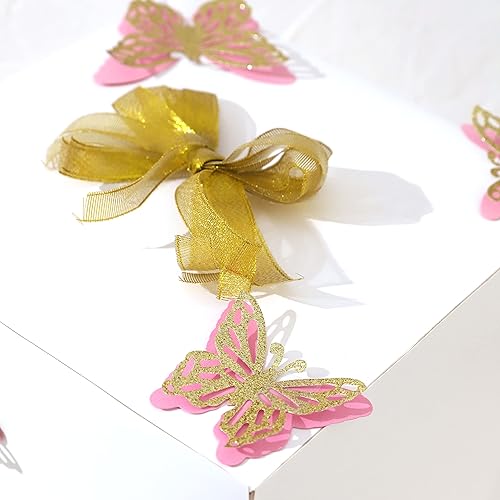 Miniatura 6 de Juego de 5 mariposas 3D de 3 tamaños: mariposa dorada con purpurina y rosa de doble capa, mariposa para baby shower, decoración de pastel de