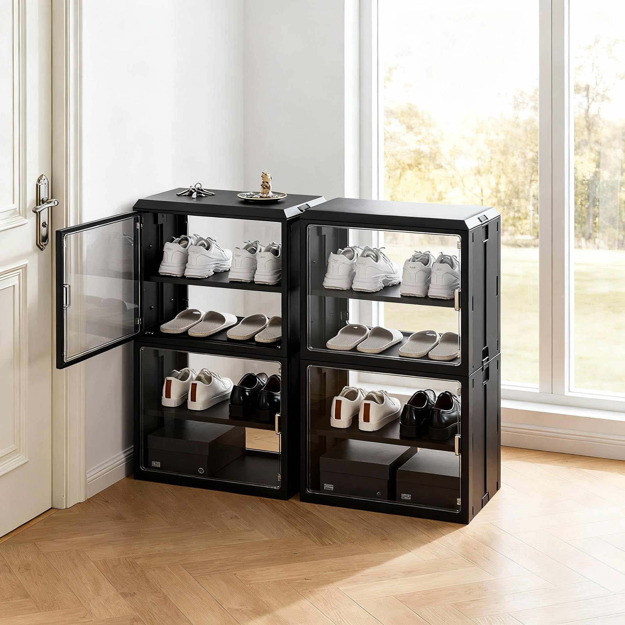 Vitrinas Transparentes, Plegables y apilables con Puertas de Doble Sentido para salón, coleccionables, Figuras, Cajas de Zapatos, Ropa, Bolsos y Documentos (Negro, 2 Niveles - Baldas Grandes)