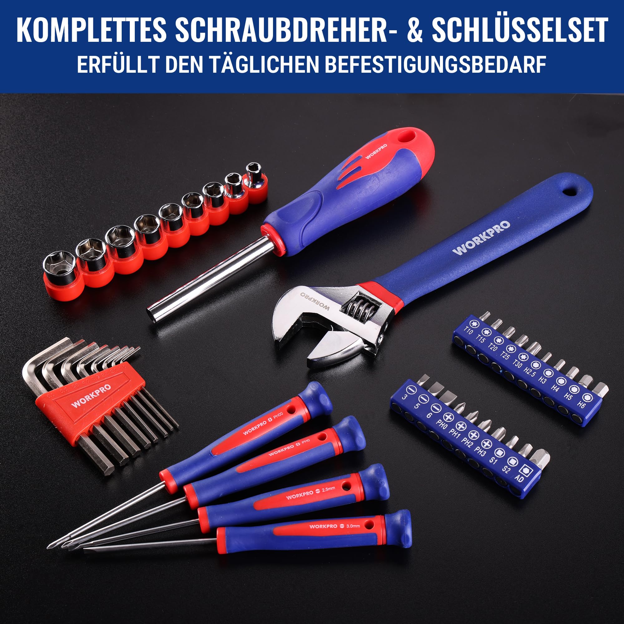 WORKPRO Werkzeugset Universal und Haushalts-Werkzeugkoffer 100-teilig Werkzeugsatz Mechaniker, perfekt für leichte Heimarbeit und Reparatur mit Hammer Zange Schraubendreher Messer Schlüssel Maßband