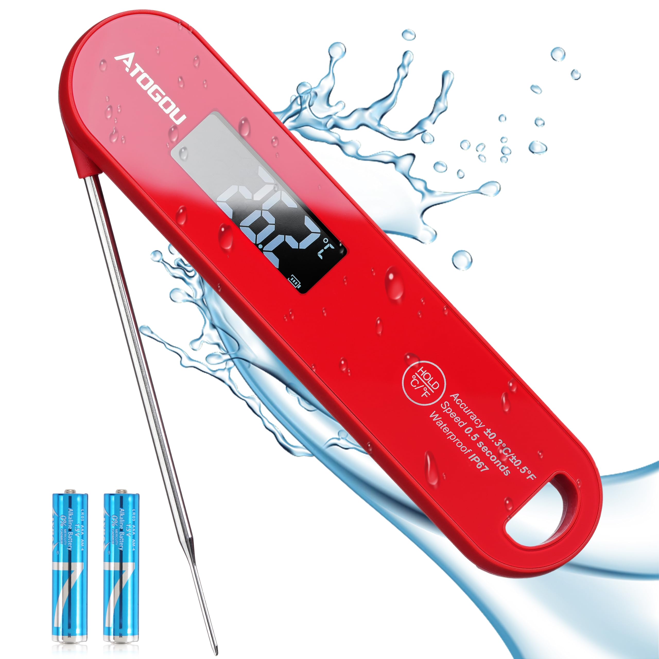 ATOGOU Thermomètre numérique ultra rapide IP67 étanche avec fonction Hold, écran rotatif à 180°, pour barbecue, liquide, rôti, bonbons, bœuf (rouge)