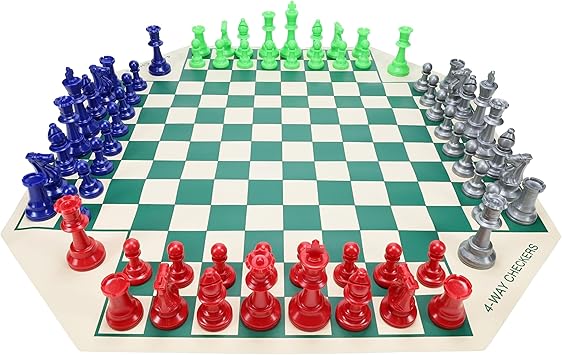 WE Games Four Player Chess Set, Chess Board for Team Chess, Combination Chess Game for Up to 4 Players, Unique Chess Sets for Adults, Roll Up Vinyl Mat with 4 Sets of Pieces