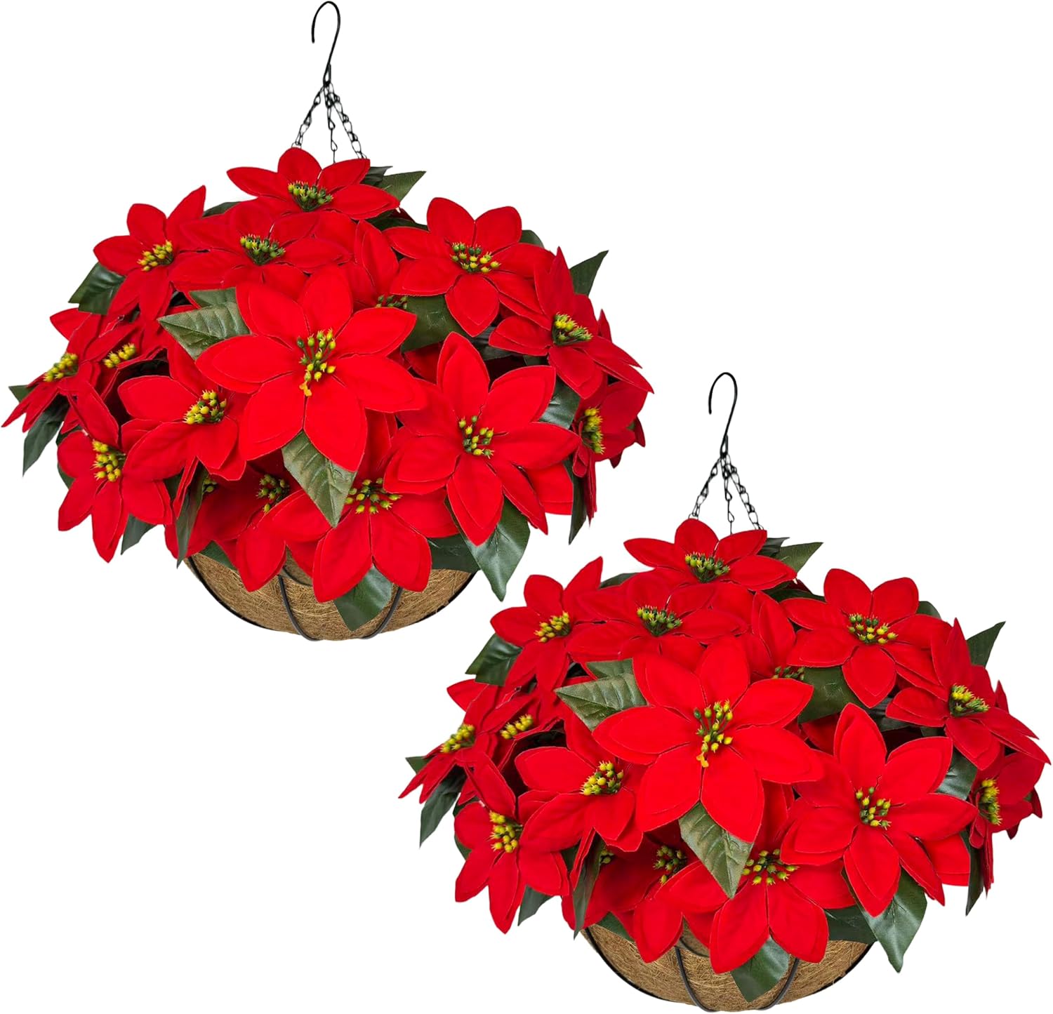 2 Set Artificial Poinsettia Christmas Hanging Basket, Fake Silk Red Poinsettia Flowers, 2 Hanging Planter with 14 Pcs Flowers, for Outdoor Indoor Front Porch, Garden, Patio, Home Xmas Decor