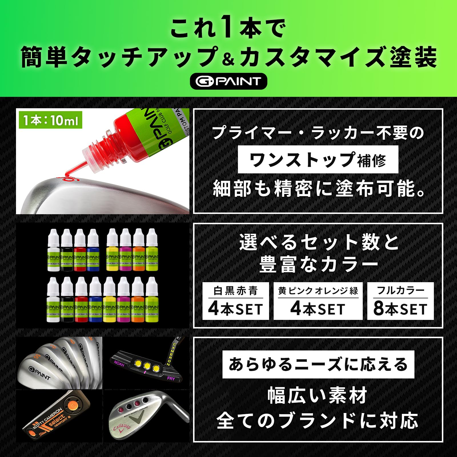 Golfschlägerfarbe, Ausbesserung, Ausbesserung, individuelle Gestaltung oder Renovierung Ihrer Schläger – 8 Stück à 10 ml Flaschen. Schwarz, Weiß, Rot, Blau, Gelb, Orange, Rosa und Grün