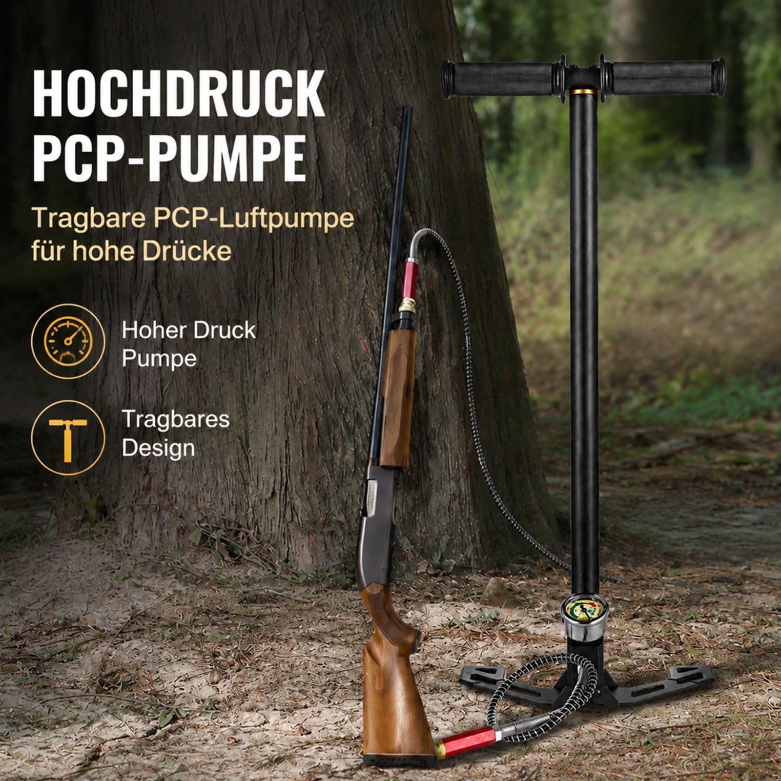 PCP Standpumpe mit Manometer, Edelstahlgehäuse für Fahrrad und Auto