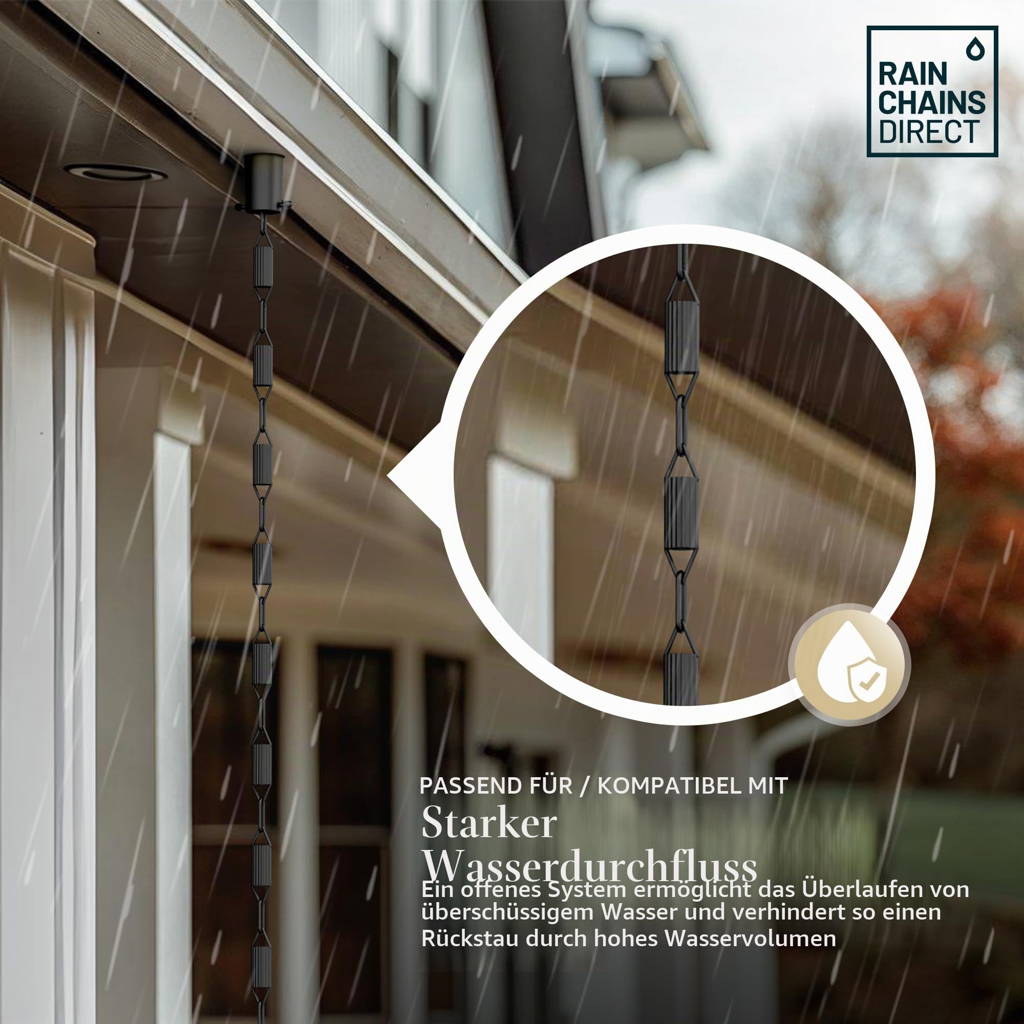 Manicotti Rain Chains Direct, Wasserablaufkette, langlebiges, schwarzes, pulverbeschichtetes Aluminium, Premium-Wasserablaufkette für Dachrinnen, 2,6 m