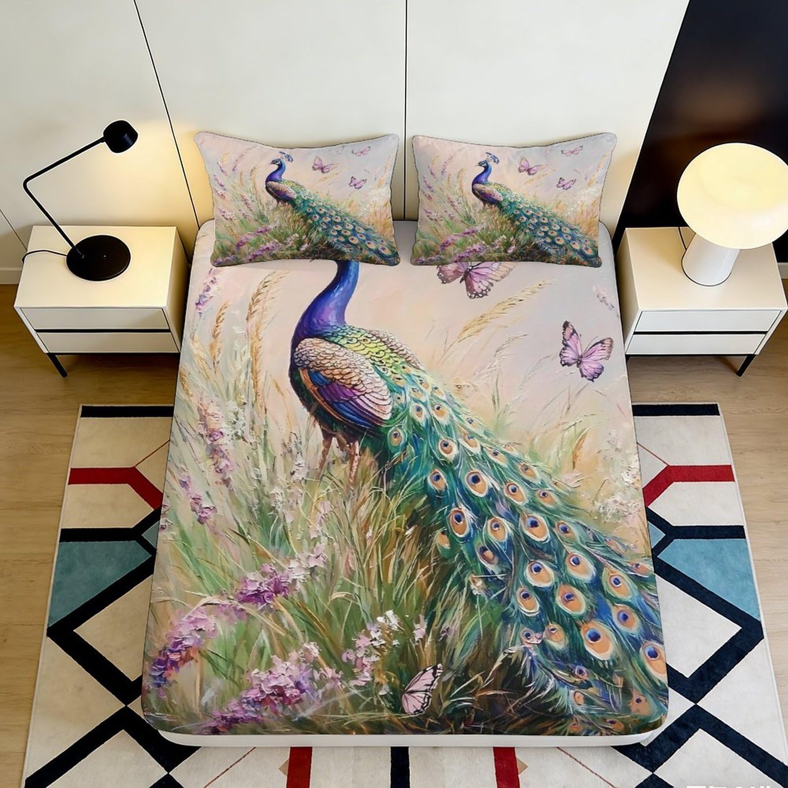 Kzqnxhjprl Style-7 3D Printed Peacock Garden Fitted Sheet Microfiber Soft Breathable Butterfly Bed Cover For Bedroom Dorm Mattress Decor 90X200x25cm