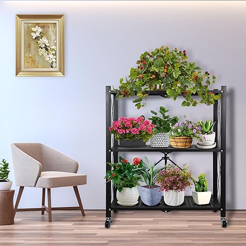 Miniatura 5 de Soporte de metal para plantas, estante plegable de 3 niveles para flores de interior