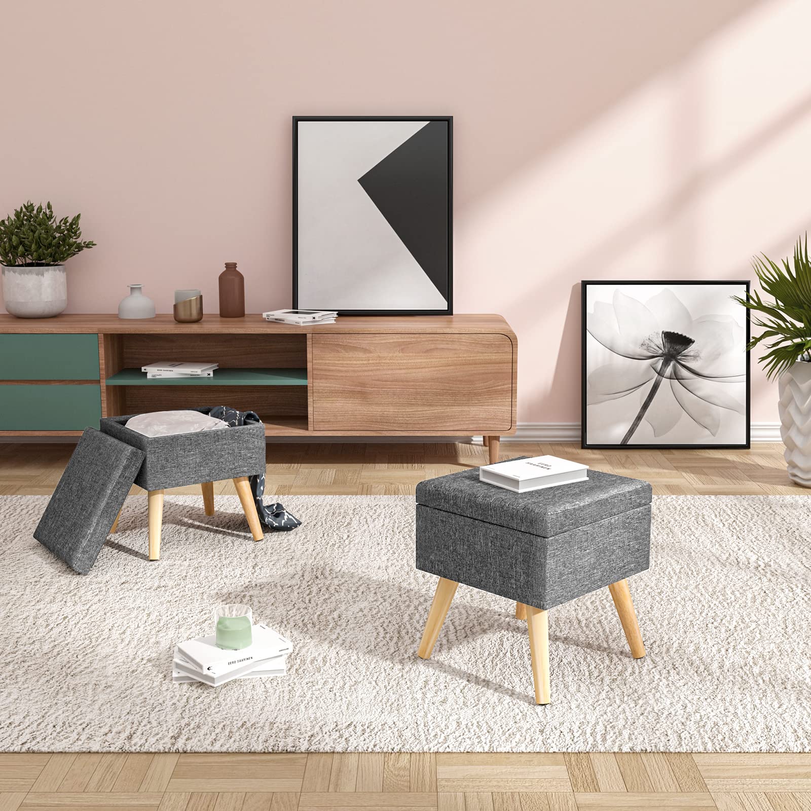 Pouf De Rangement Avec Assise - 300 Kg Charge, Tissu Gris, Pieds En Pin