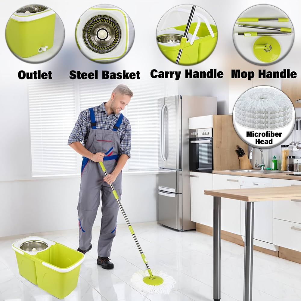 ARSUK Spin Mop Head Base Handle With 2 Microfibers Head Refills U2013 Stainless Steel Mops Stick/Rod/Pole Replacement For 360° Spin Buckets Systems, Universal Mop Handle For Floor Cleaning