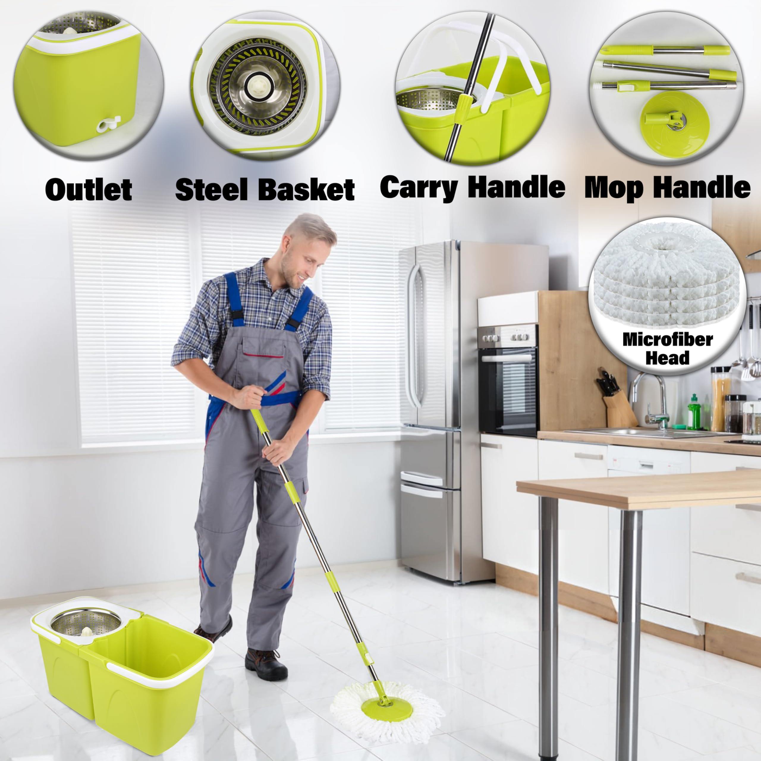 ARSUK cubo con 2 departamentos y fregona giratoria Apilables, 4 Repuestos de Microfibra, Mango Telescópico de Acero Inoxidable, Dispensador de Jabón Integrado, Cabezal Giratorio 360°, Suelos Laminados | Rotación de 360 grados