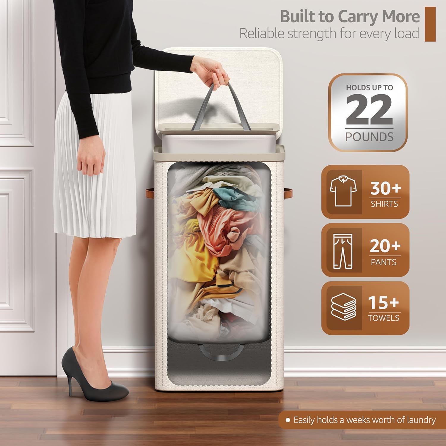 Sorbus Laundry Hamper with Lid – Collapsible Fabric Laundry Basket with Handles and Removable Laundry Bag – 26.5 Gallon (100 L) Dirty Clothes Hamper for Bedroom, bathroom and dorm - 2 Pack (Beige)