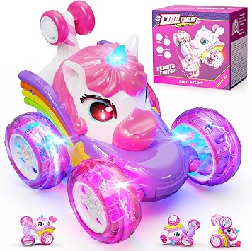 Carsky Unicorn Remote Control Car for Girls,Unicorn Toys for Girls Ages 3 | 360Stunt RC Cars Rotation 4WD Remote Cars with LED Lights,Chritmas Birthday Gift for 3 4 5 6 Year Old Girl