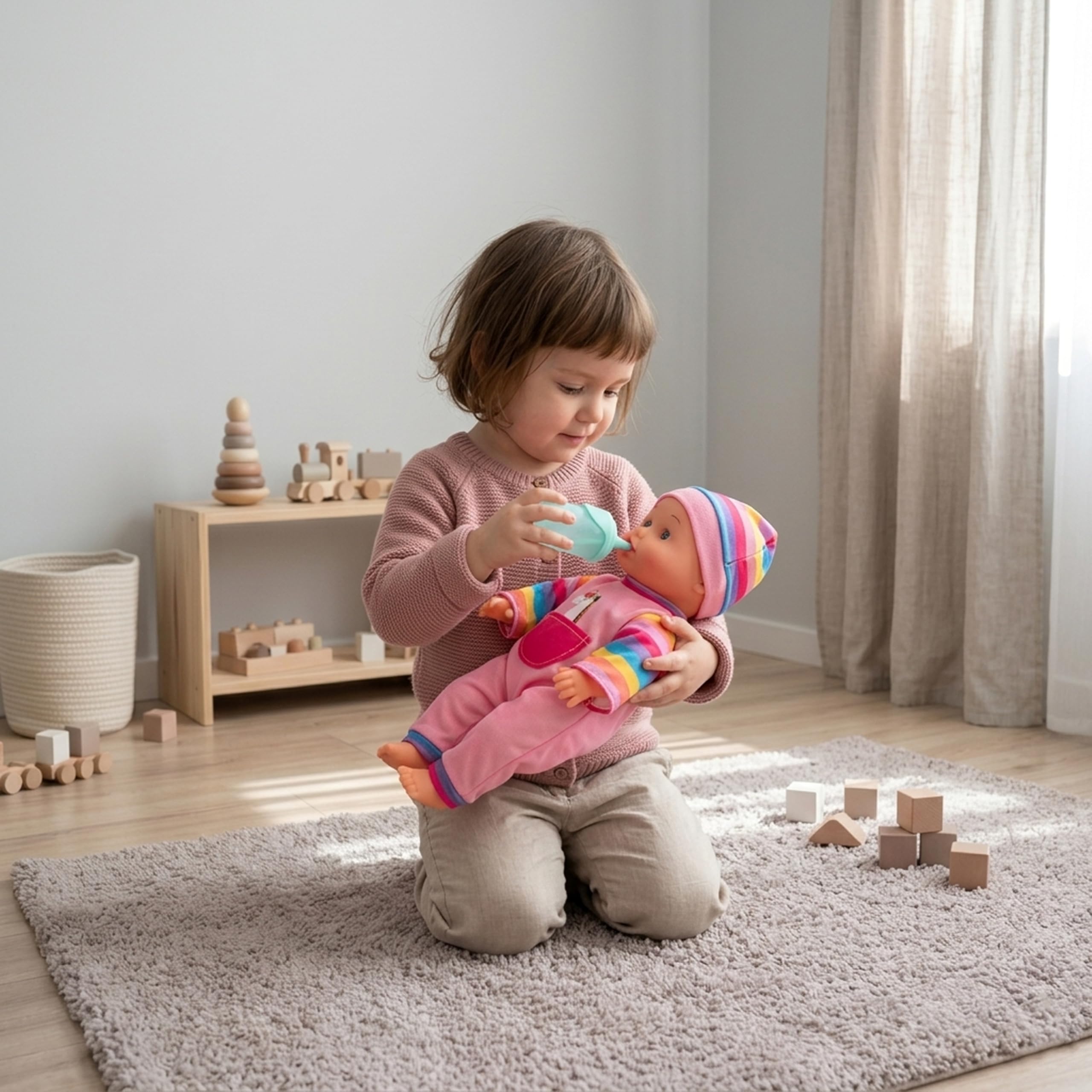 Carrito de Muñecas con Muñeco Bebé y Accesorios 20 Piezas – Cochecito de Juguete Plegable con Capota, Bolsa y Ruedas EVA – Set Completo Muñeca con Orinal, Biberón y Complementos – +3 Años