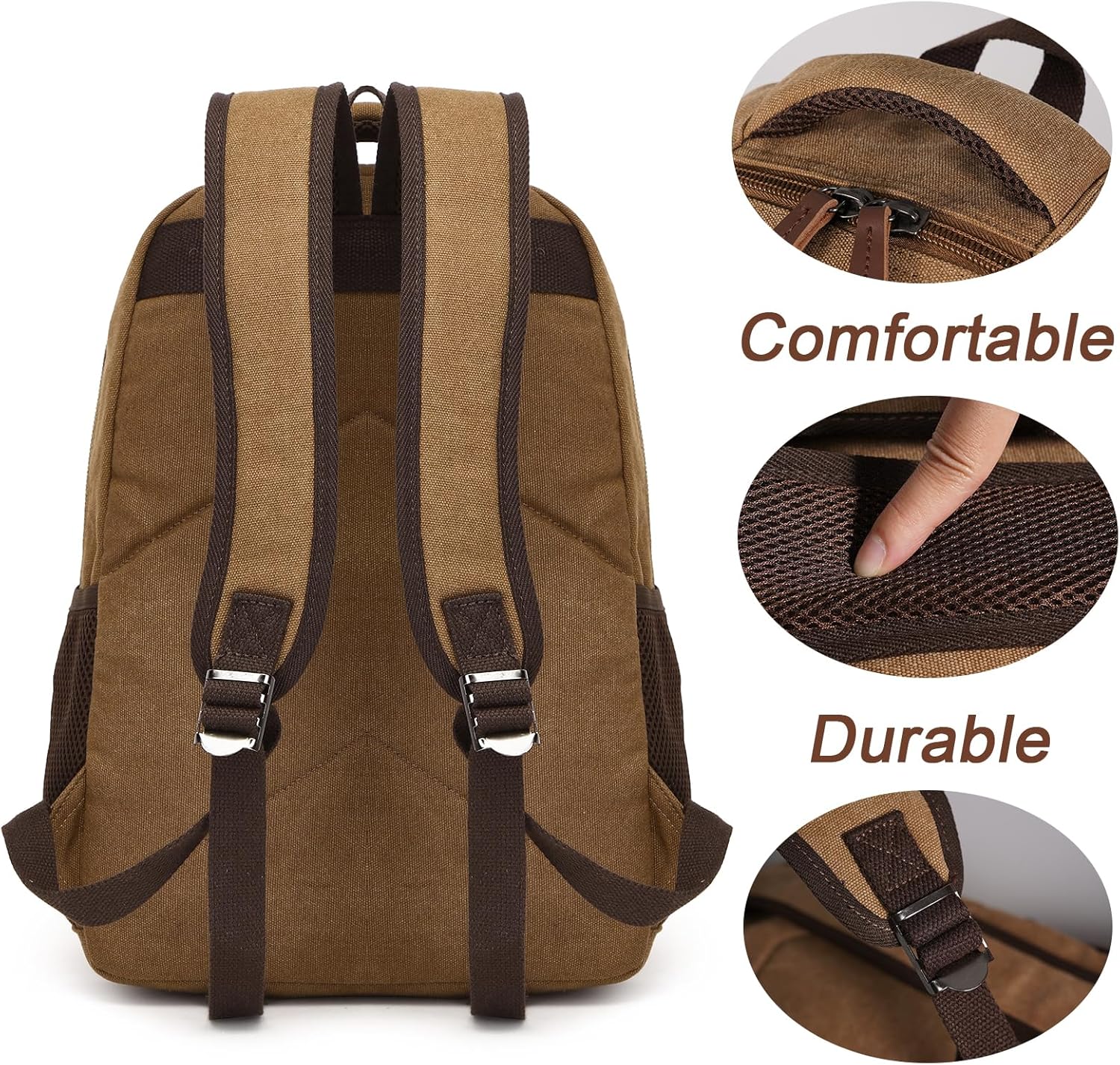 Canvas Laptop Backpack with USB Charging Port, Vintage Daypack for Men Women, Brown Travel Work Rucksack College Computer Bag Bookbag Fits 15.6 Inch Laptop, Brown - Image 5