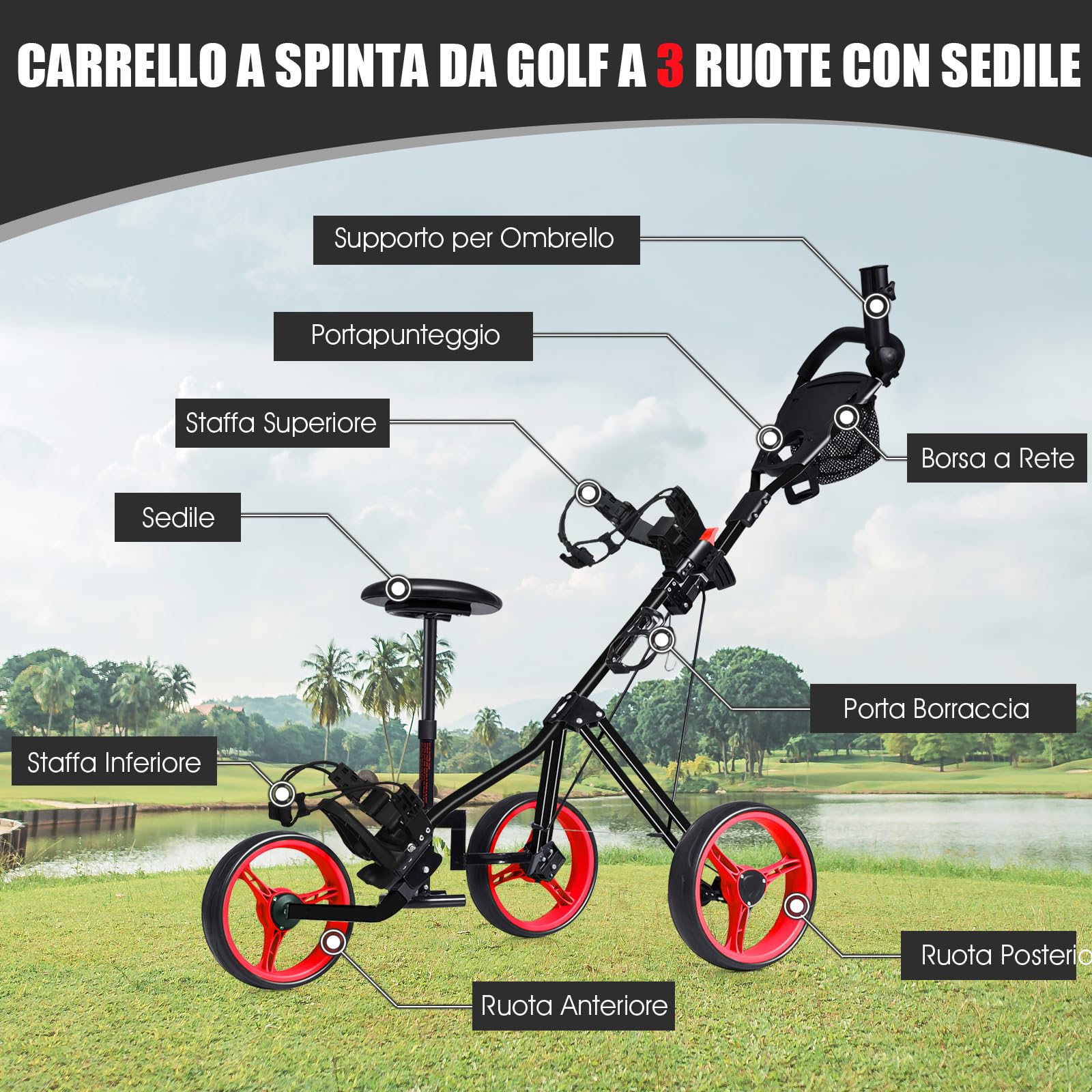 COSTWAY Carrello da Golf Pieghevole a 3 Ruote, con Sedile, Maniglia Regolabile in Altezza, Rabellone Segnapunti, Portabevande, Portaombrelli e Freno a Pedale