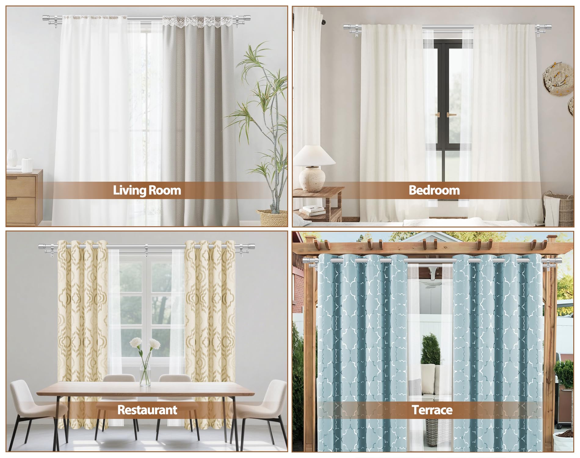 HOTOZON Argento Bastone da Tenda Doppio 167-305 cm, 25 mm Estensibile Bastone Tenda Doppio Montado en la Pared con Remates de Tapa Para Ventanas