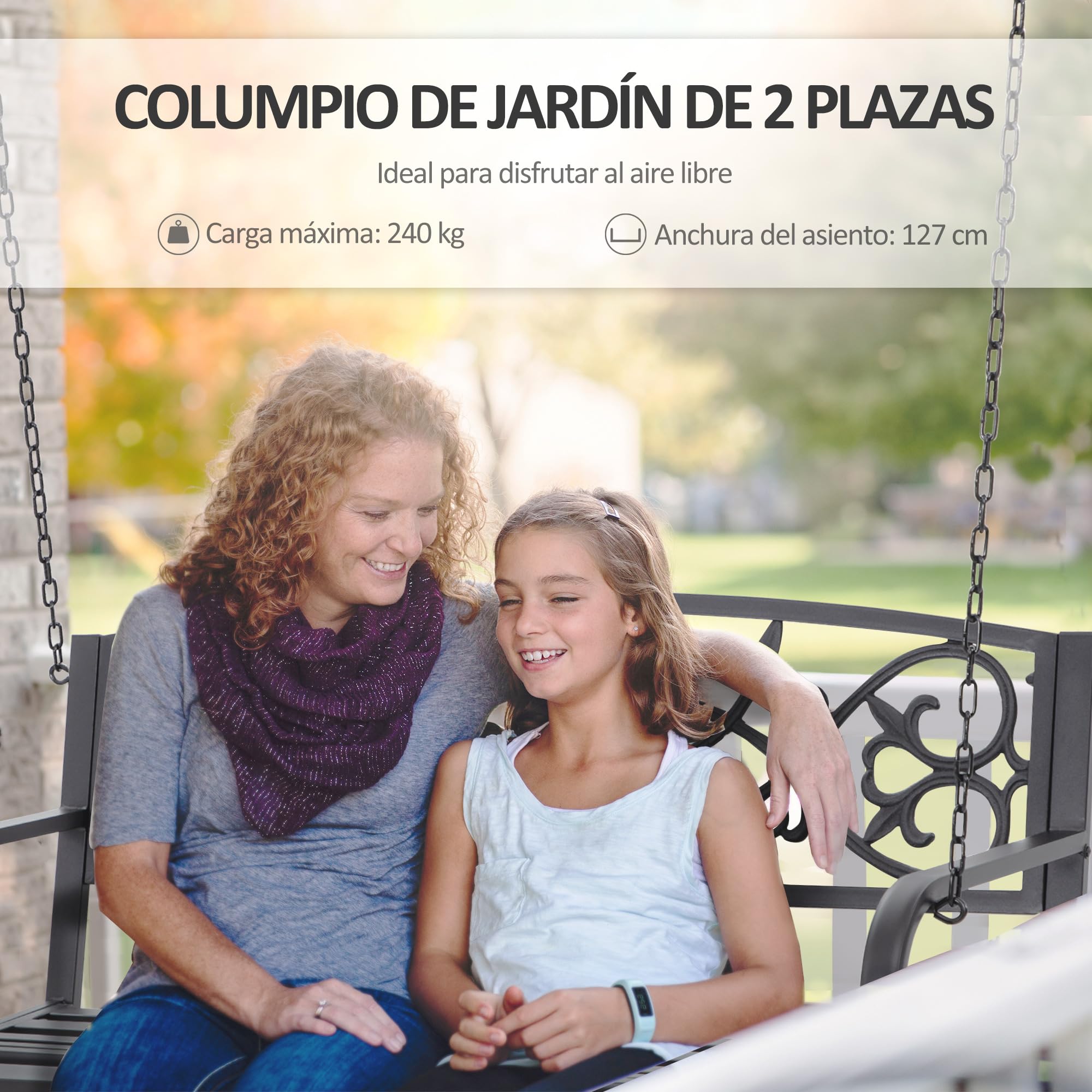 Outsunny Banco Columpio de 2 Plazas con Reposabrazos 127x59,5x52 cm Negro | Banco Colgante de Acero, Carga Máx. 240 kg, para Jardín Terraza Balcón Exterior