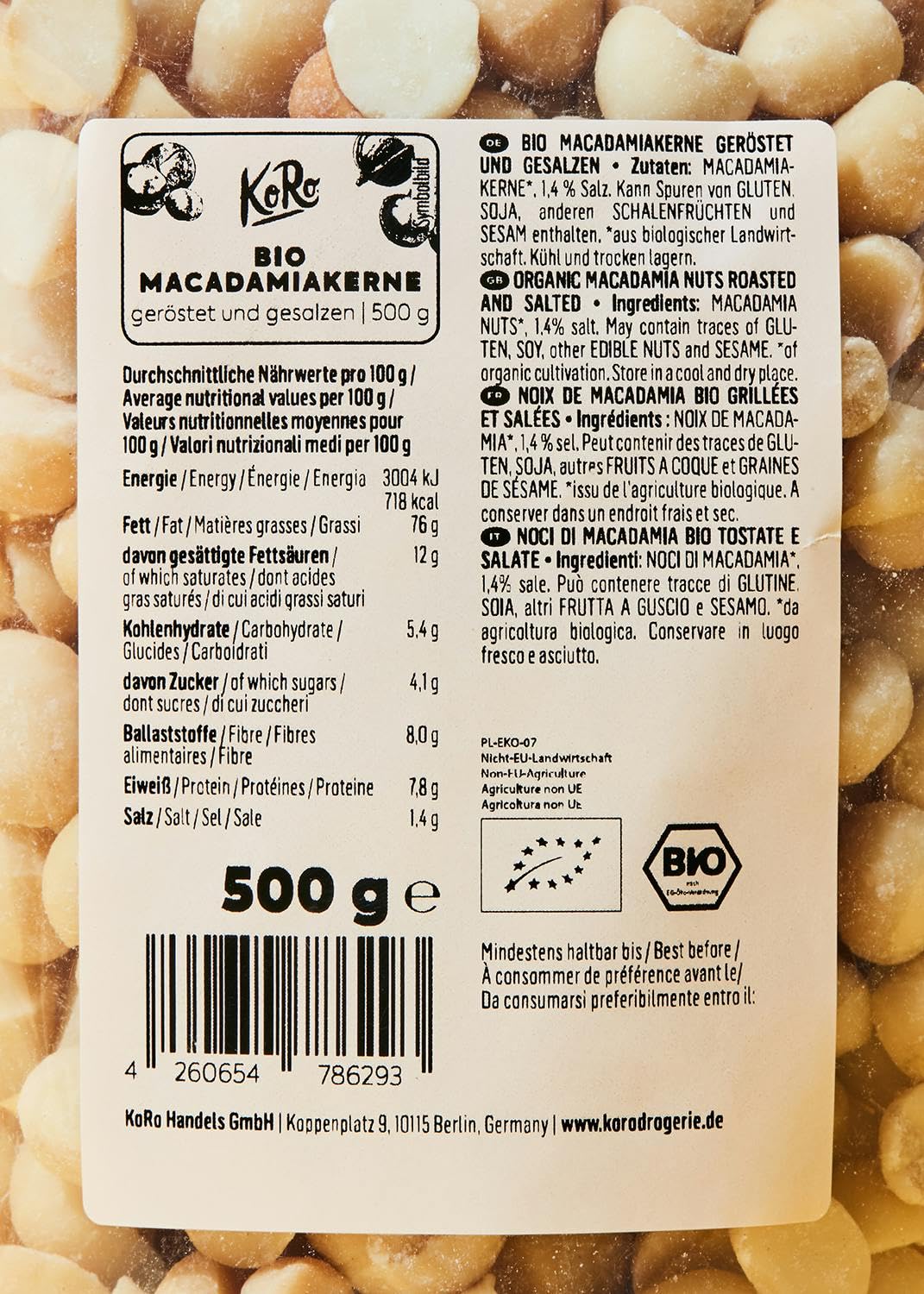 KoRo - Macadamia grillées et salées bio 500 g