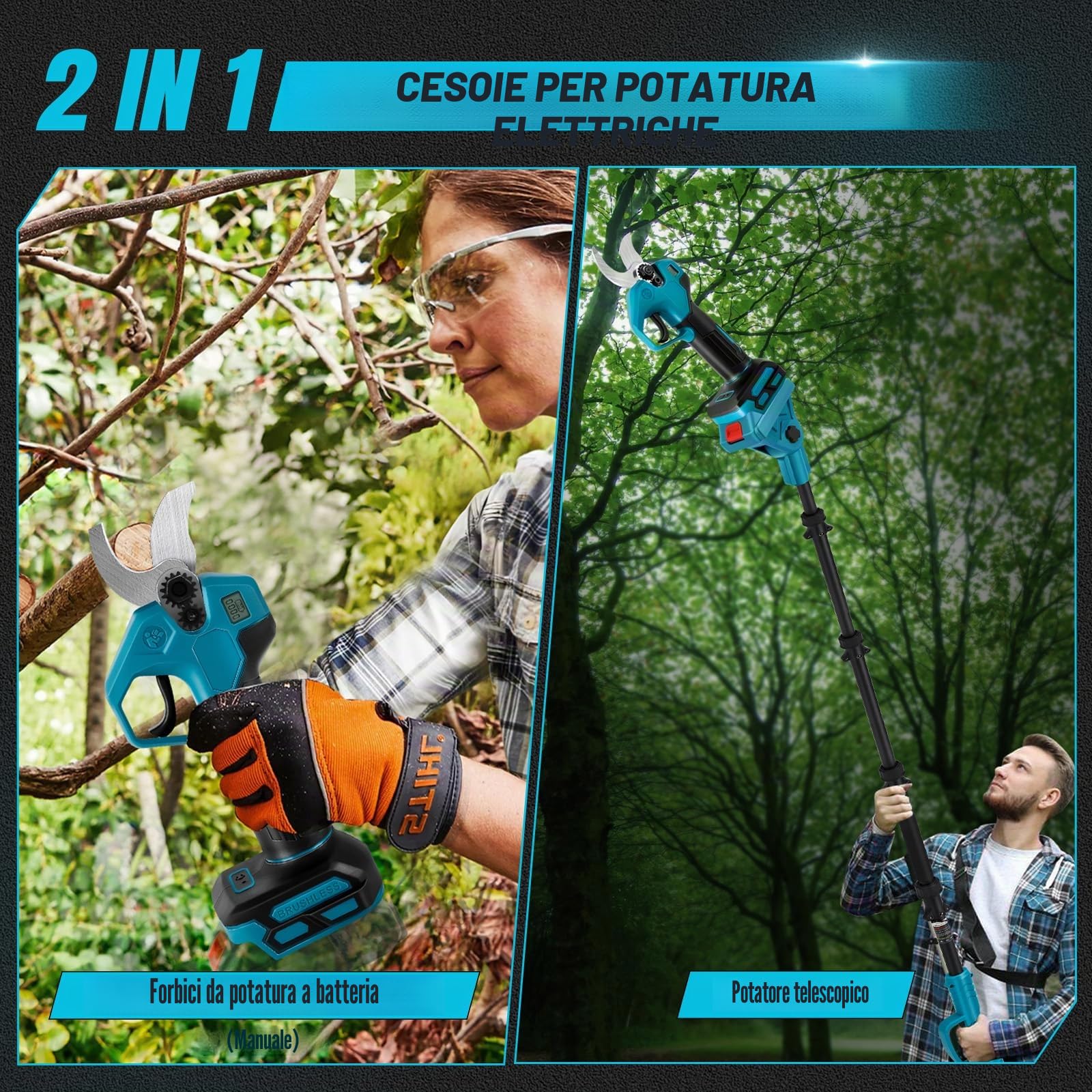 Troncarami a batteria compatibile con Makita 18 V, cesoie elettriche 2 in 1 con asta di prolunga da 2 m, diametro di taglio massimo 30 mm, display LCD, cesoie telescopiche estensibili fino a 4,5 m