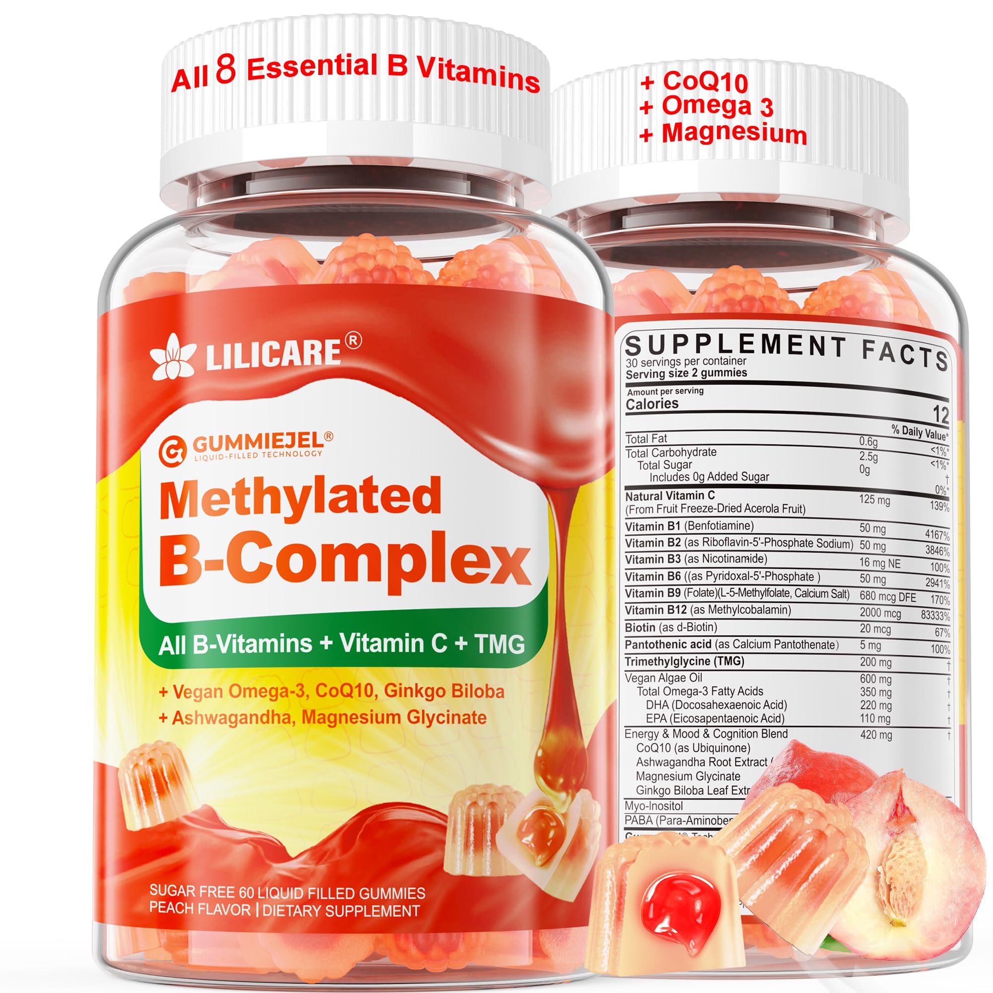 Super Methylated Vitamin B Complex Gummies, All B Vitamins + Omega-3,CoQ10