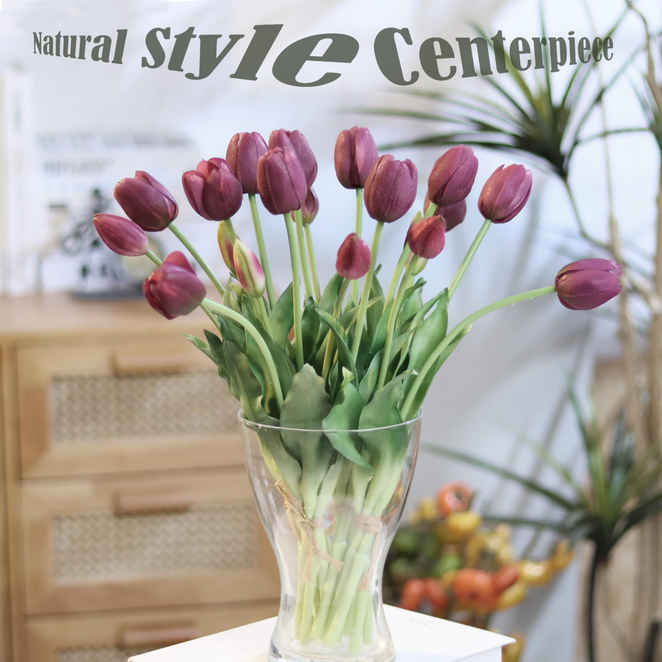 Künstliche Tulpen, 40,6 cm, fühlen sich echt an, mit künstlichen Blättern, künstlichen Tulpen und Knospen für Heimdekoration, Tafelaufsatz, Ornament, Hochzeitsstrauß, Dunkelviolett, 20 Stück