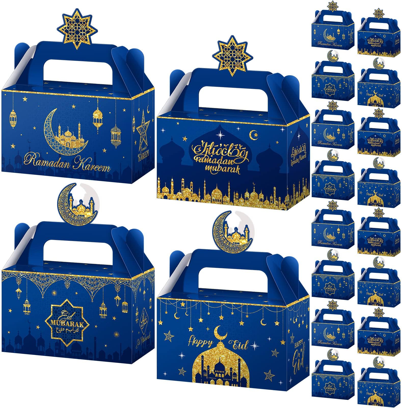 48 Pack Ramadan Kareem Boxes Eid Mubarak Gift Boxes Mosque Star Moon Lantern Eid Party Favor Boxes with Handle Bulk Ramadan Goodie Candy Box for Eid Al Fitr Packages Supplies