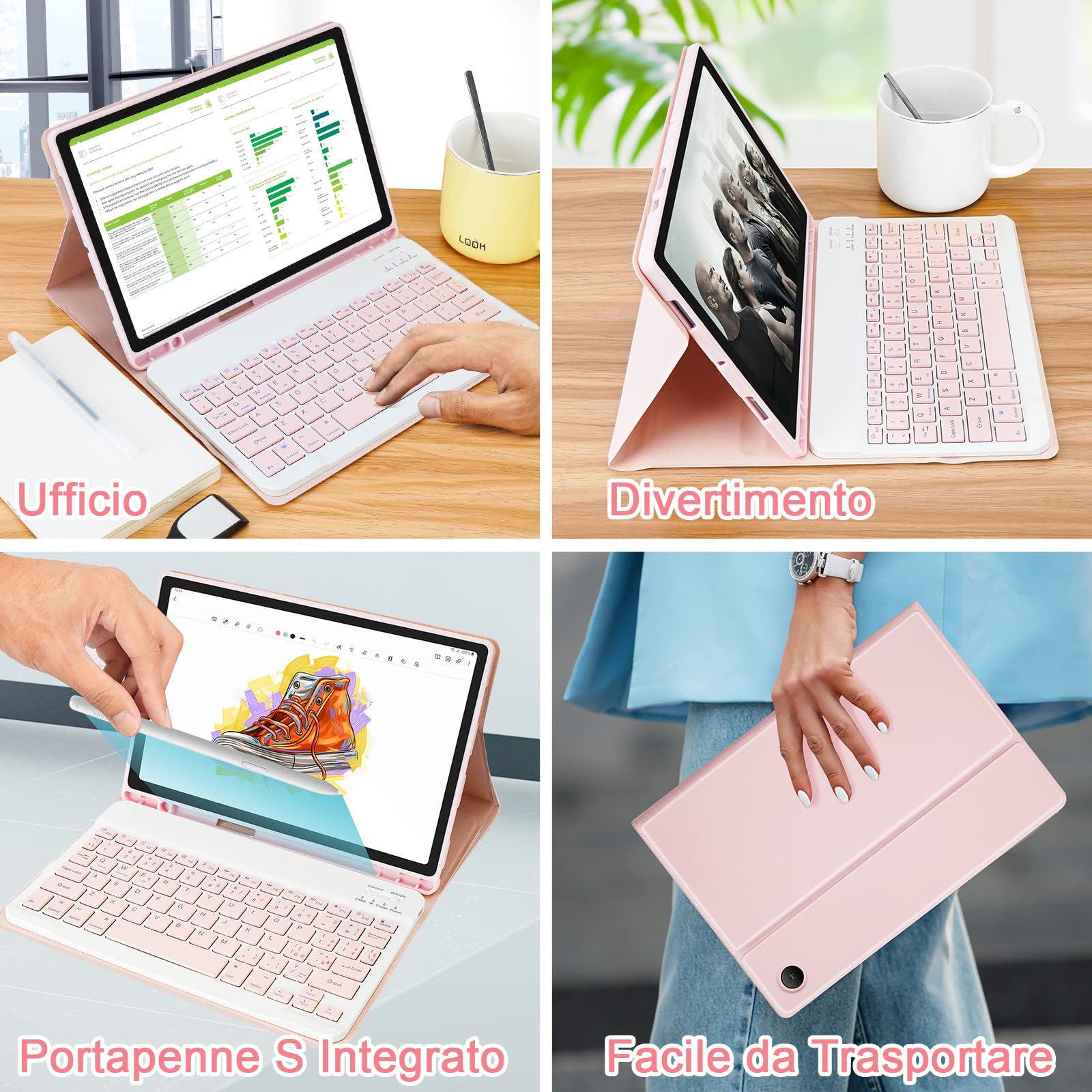 SOPPY Custodia Tastiera Bluetooth per Samsung Galaxy Tab A8 10,5" 2022 (SM-X200/ X205 /X207), Tastiera Italiana, Rimovibile Magneticamente, Porta S Pen, Design Sottile, Rosa