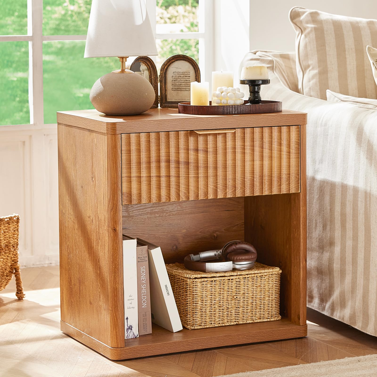 LEYAOYAO Fluted Nightstand with Charging Station, 23" Wide 1 Drawers Night Stand,Brown End Table with Open Storage,Farmhouse Bed Side Tables, Wood