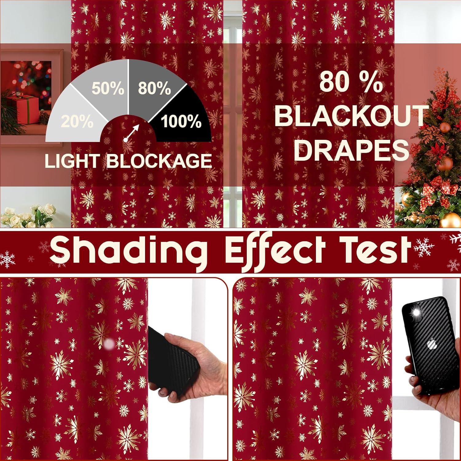 FRAMICS Christmas Curtains for Living Room and Bedroom - Gold Snowflake Foil Print, Blackout, Red, 84 Inch Length, 2 Panels Set, Grommet Window Curtains for Winter