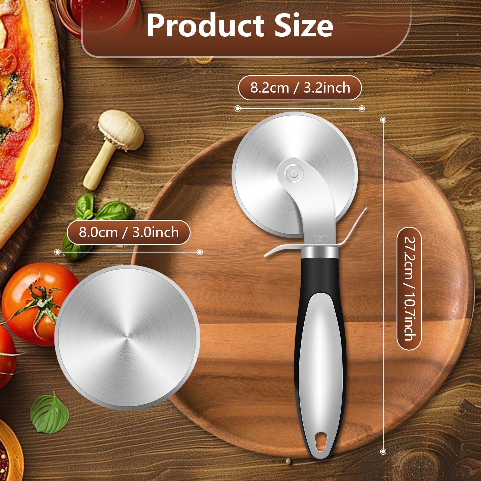 KollyKolla Corta Pizza Acero Inoxidable, 21cm, Cortador de Pizza Redondo, con Mango Ergonómico, Fácil de Limpiar, Cortapizzas Ideal para Pastel, Pan y Pasta, Diseño Profesional y Ligero