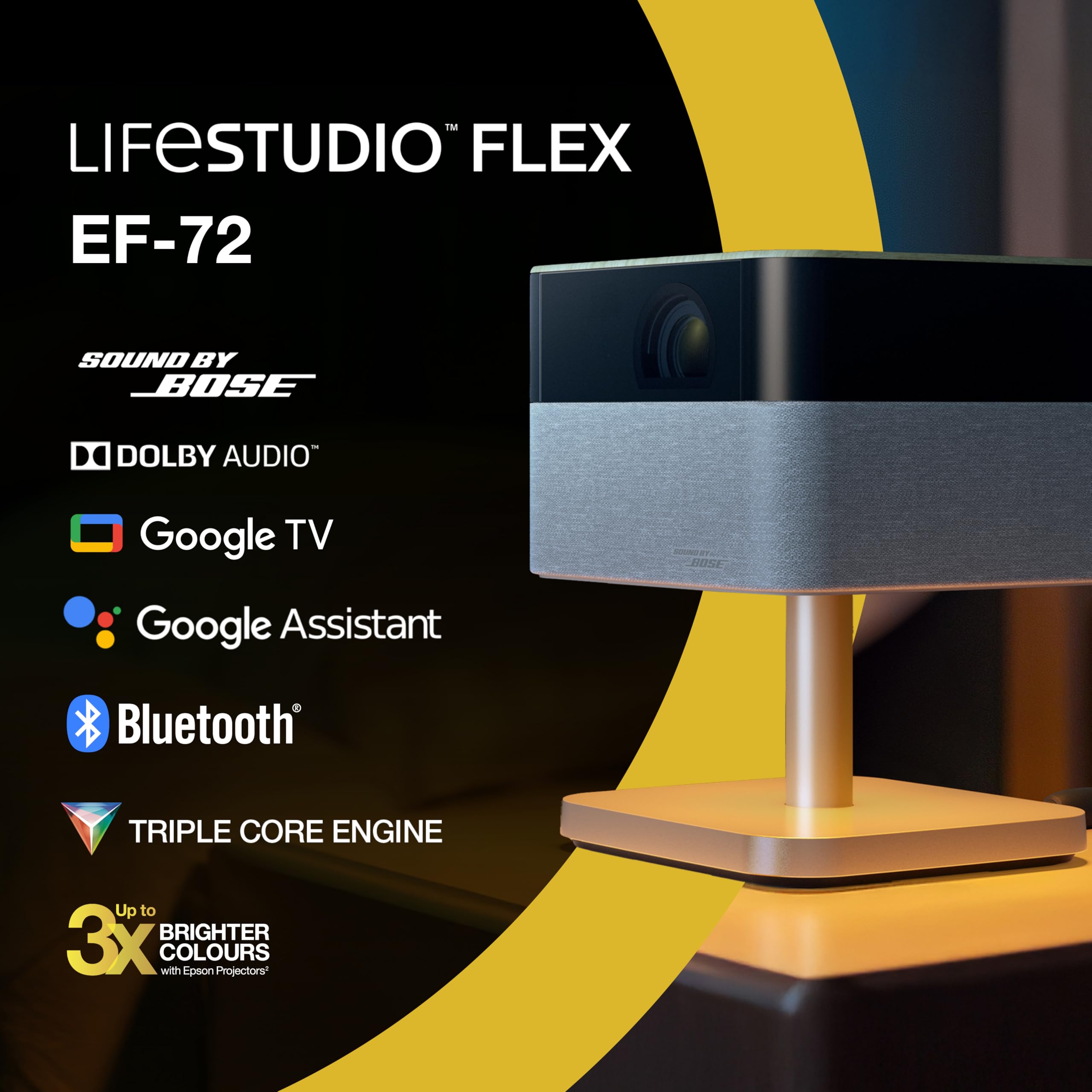 Epson Lifestudio Plus EF-72 | Videoproiettore per Smart TV portatile 4K PRO-UHD | 1.000 lumen | 3LCD x RGB-LED | Sound by BOSE| Google TV | Configurazione semplice | Display 150'' | Garanzia 5 anni