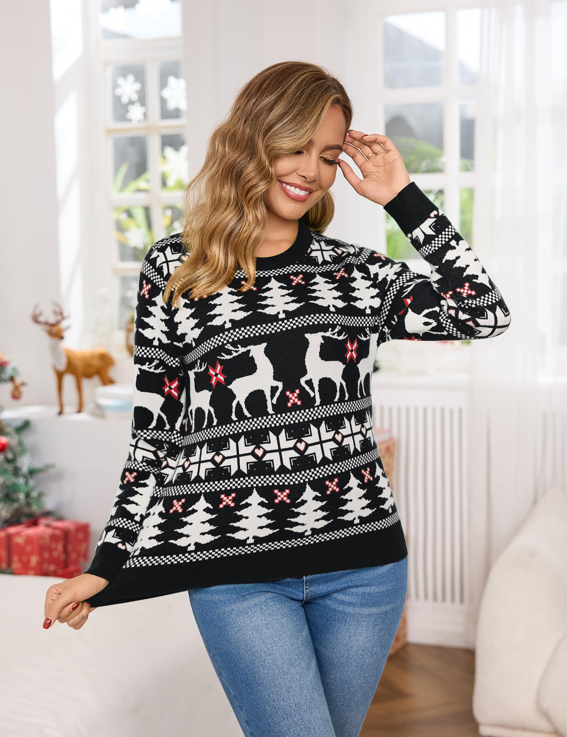 Bresdk Maglione Natalizio Donna Maniche Lunghe Maglioni Natalizi Famiglia Girocollo Pullover Natale Morbida e Calda Perfetto per Madre, Moglie, Amici, Coppie S-XXL