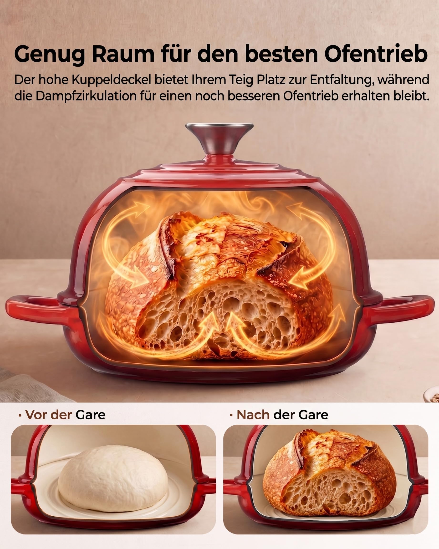 Gusseisen Topf Brot Backen, 4,7L Bräter Emaille Schmortopf mit Deckel und Griffen, 24 cm Dutch Oven, Brotbacktopf für Selbstgemachte, Geshenke für Sauerteigbäcker, Rot