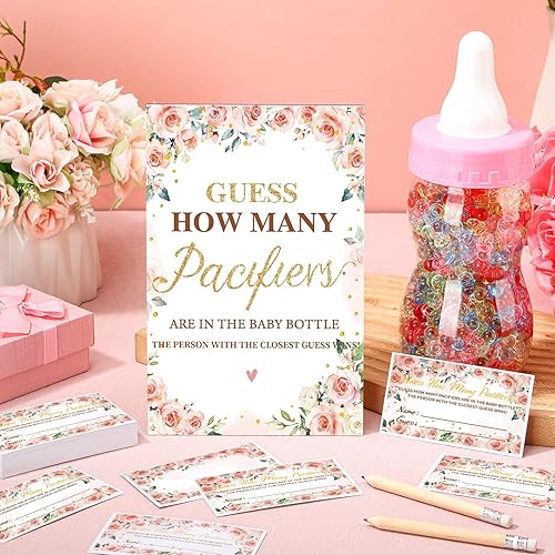 Miniatura 7 de Syhood Floral Baby Shower Games Guess How Many Pacifiers - Cartel de juego 50 pequeños juegos de adivinanzas, 20 lápices HB, botella de leche de
