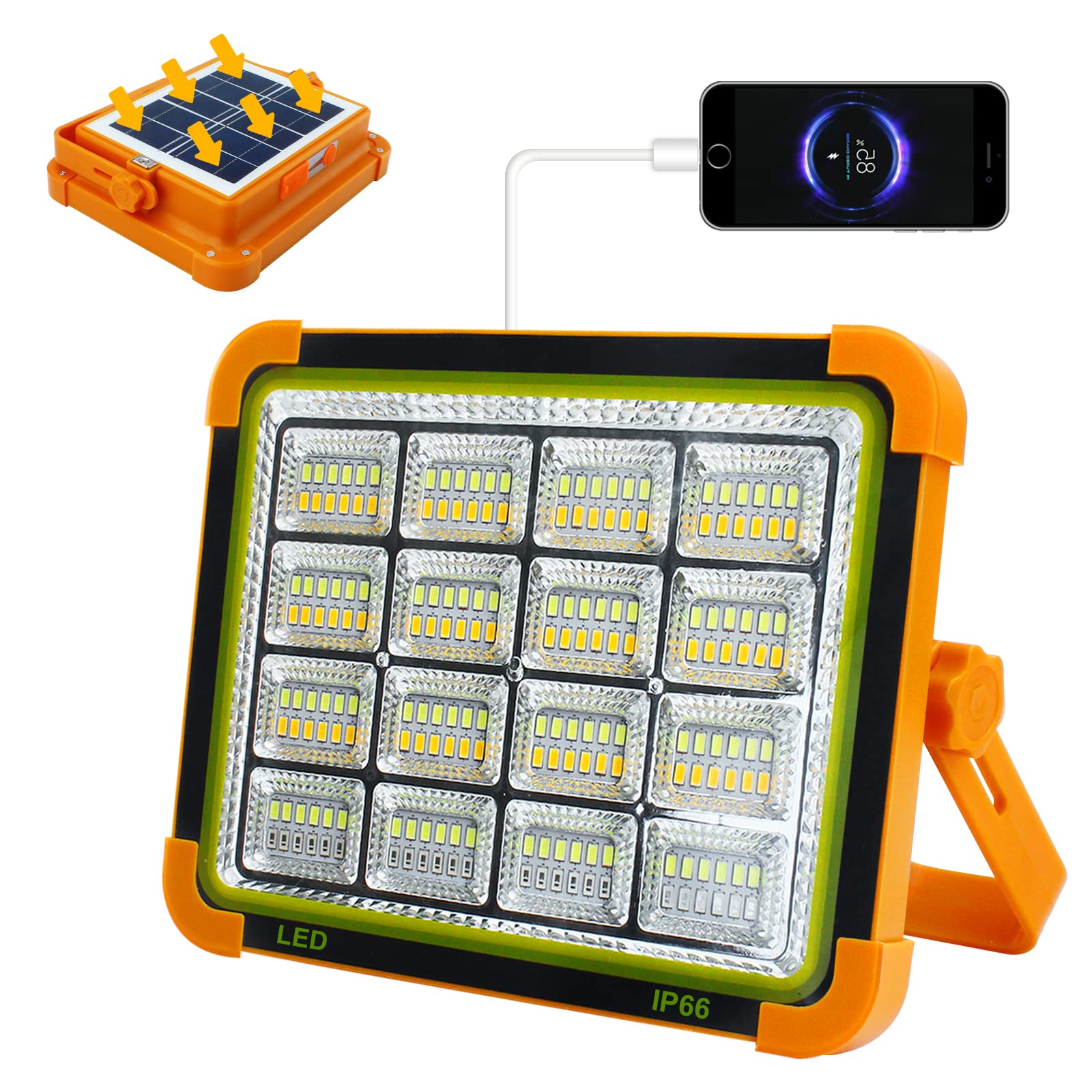 Security Work Light, 100W Portable Outdoor Camping Light with Rechargeable Solar Panel, Wireless Job Side LED Flood Lighting 16500 mAH for Emergency, Workshop, Car Repairing, Out On-Foot, Fishing