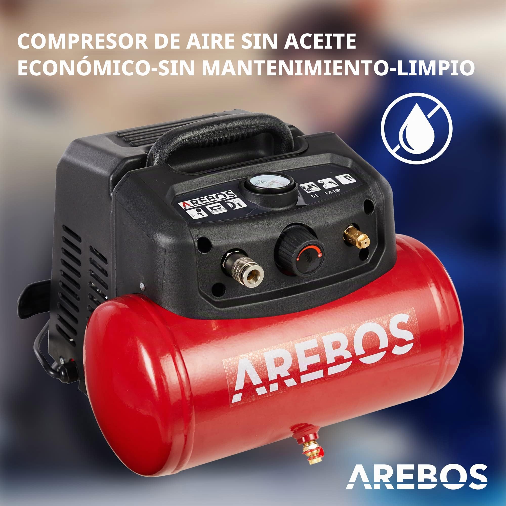 Arebos Compresor de aire comprimido | Incluye 13 accesorios | Compresor silencioso | compresores para pintar | Compresor aire electrico | Bajo mantenimiento | Apagado automático | 6 Litros