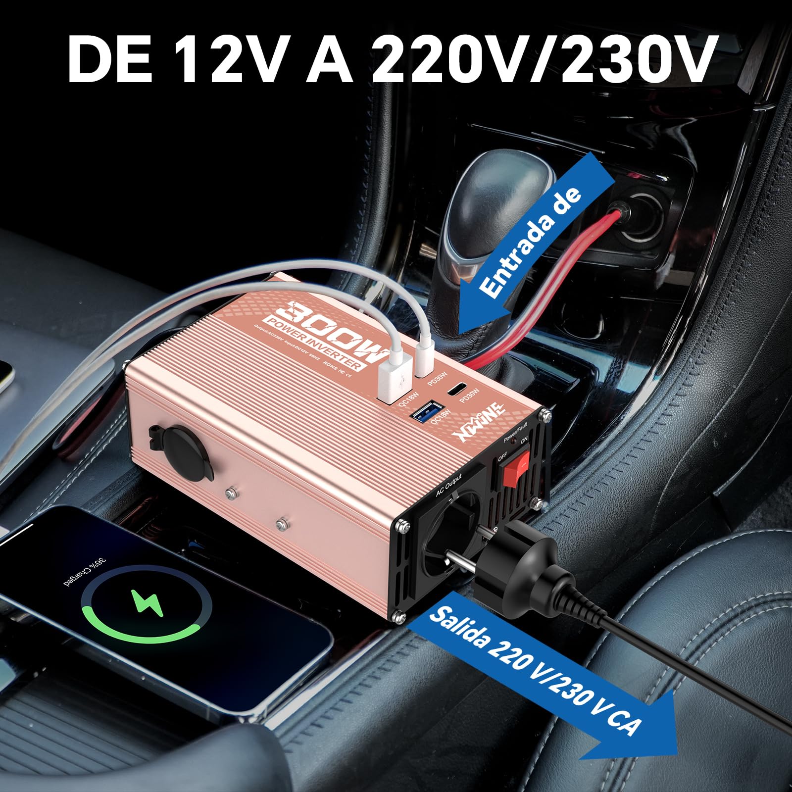 XWJNE 300W Inversor 12V a 220V, Convertidor para Coche con 1 Enchufe EU, 2 Puertos USB-A, 2 Puertos USB-C, Inversor de Corriente Onda Sinusoidal Modificada con Enchufe de Mechero y Protección Múltiple