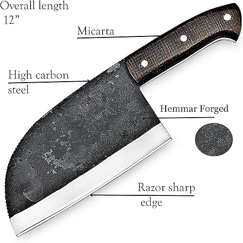 Miniatura 4 de ColdLand - Cuchillo de carnicero de alto carbono, forjado a mano, cuchillo con funda de cuero para cocina, barbacoa, camping o al aire libre, 12