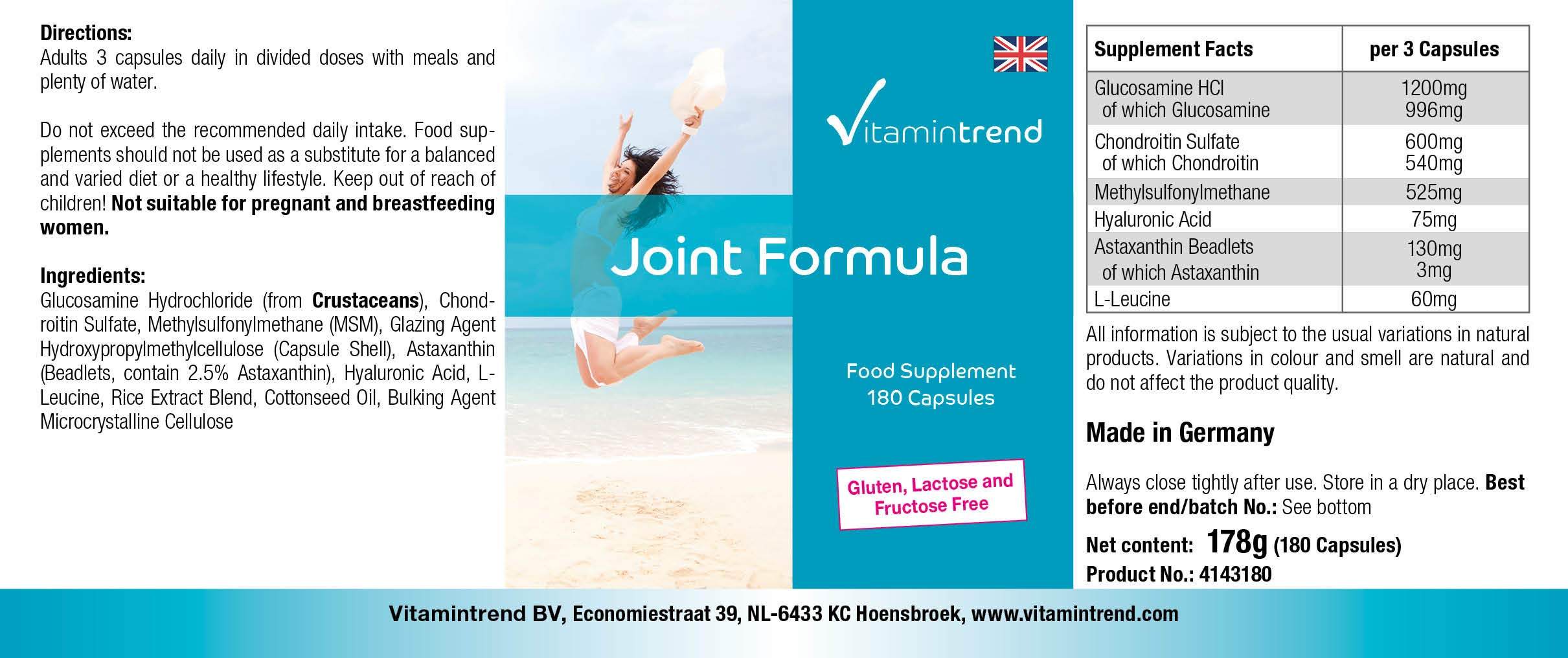 Vitamintrend Joint Formula Gélules pour les articulations, 180 gélules, avec glucosamine, chondroïtine, MSM, acide hyaluronique et astaxanthine, complément alimentaire, fabriqué en Allemagne
