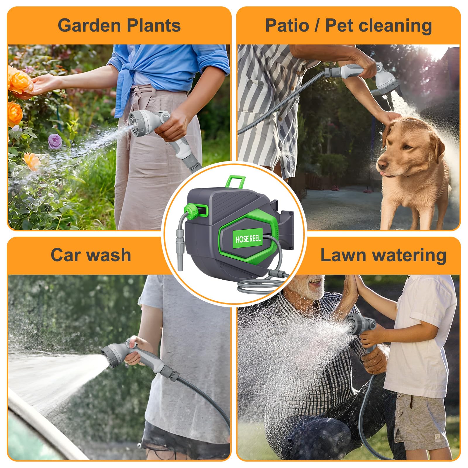 Enrouleur Tuyau Arrosage Mural 28+2m, Devidoir Automatique 180° Pivotant, Tuyau 1/2", Auto-Stop & Any-Lock, avec Pistolet d’Arrosage Multifonction et Adaptateur Robinet, pour Jardin, Voiture