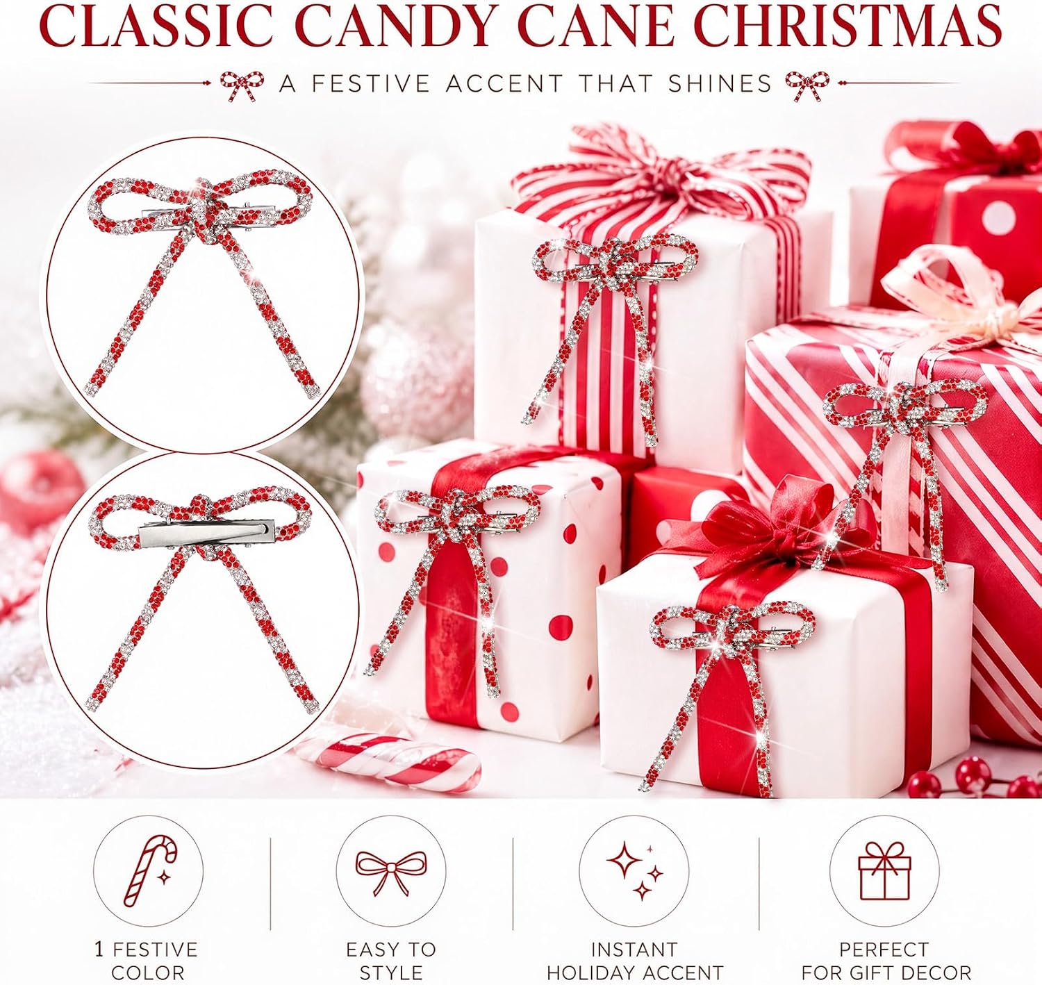 12 Pcs 3.2'' Candy Cane Glitter Rhinestone Christmas Tree Bows Ornaments image 4