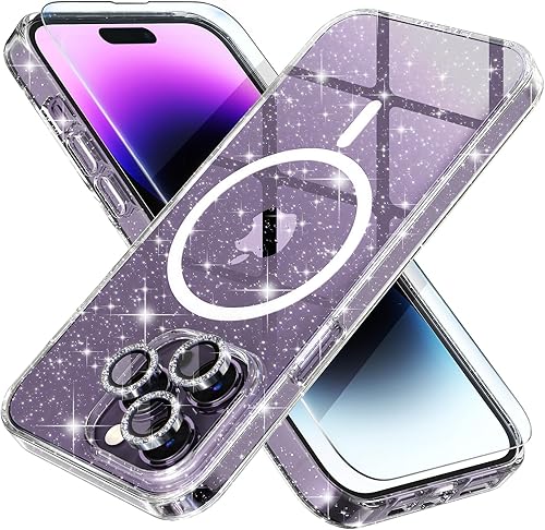 Choiche Funda magnética para iPhone 14 Pro Max, funda transparente con purpurina para mujer, 3 protectores de lente de cámara con diamantes, 2